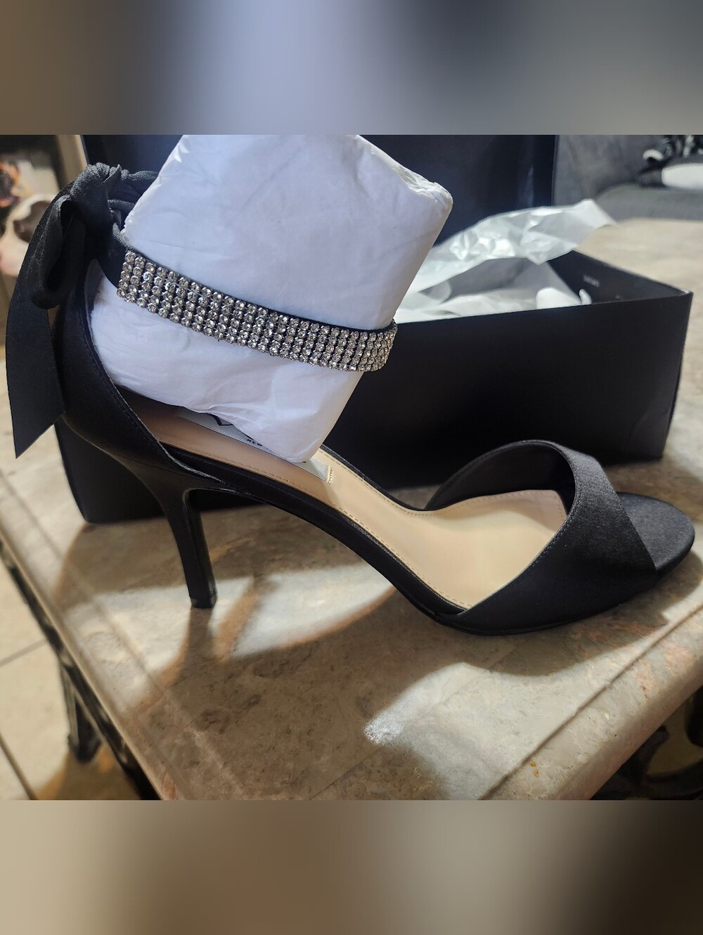Nina Vinnie-LS  Black Satin Open-Toe Heels with Rinestone Ankle Strap With Bow